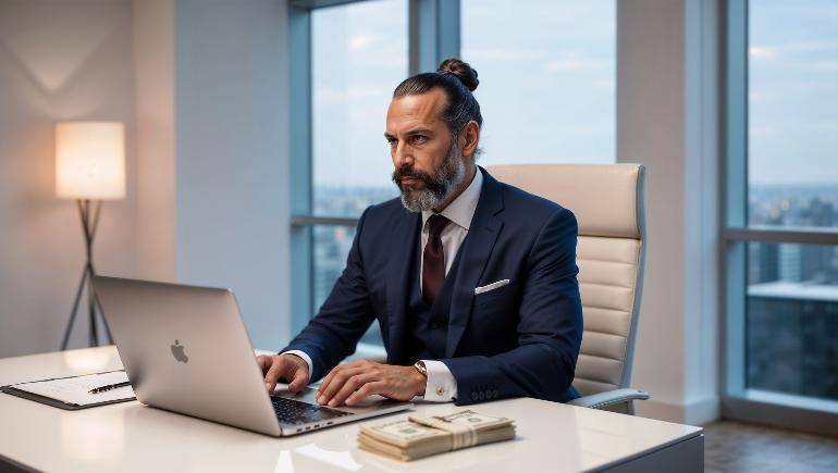 Serieus kijkende man doet geldzaken op laptop